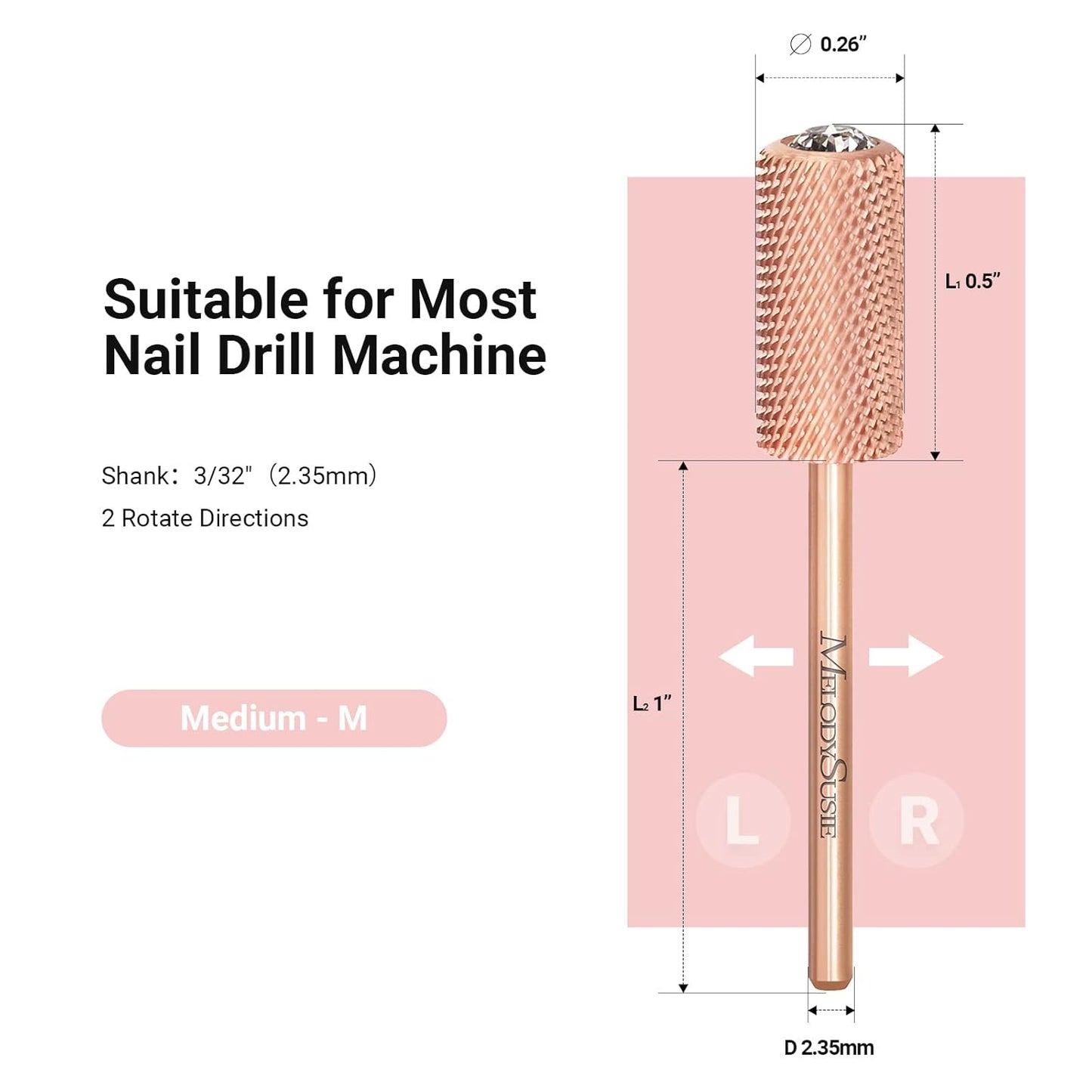MelodySusie Crystal Top Nail Drill Bits, 3/32'' Large Barrel Carbide Bits, Suitable for Manicure Pedicure Cuticle Gel Polishing, Beginners Bits, Rose Gold, Series Bit-S, Medium