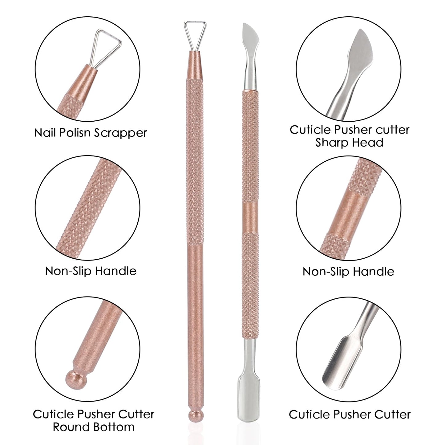 2PCS Cuticle Pusher and Cutter with Storage Case,Professional Cuticle Pusher Nail Polish Remover Stainless Steel Manicure Tool Set,Durable Pedicure Manicure Tools for Fingernails Toenails (Rose-Gold)