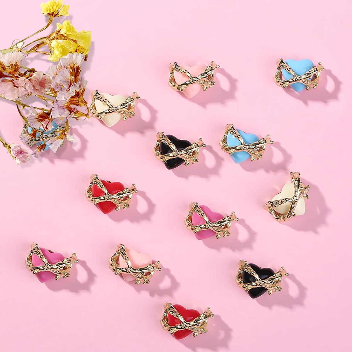 KTAABTR Valentines Nail Charms 12pcs Alloy Heart Nail Art Charms Design Valentines Day Nail Charms Red Pink Black Heart Nail Charms for Women DIY Manicure Valentines Heart Charms Decoration