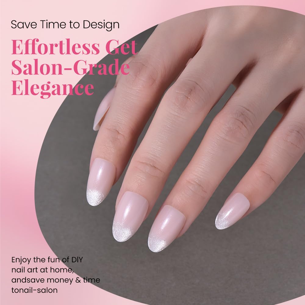 Cat Eye Press on Nails Short Almond - Nude Pink Shimmer Glossy French Tip Press on Nails for Gift, Soft Gel Press Glue On Nail with Nail Glue, Supremely Fit Full Cover Reusable Acrylic Fake Nails Kit