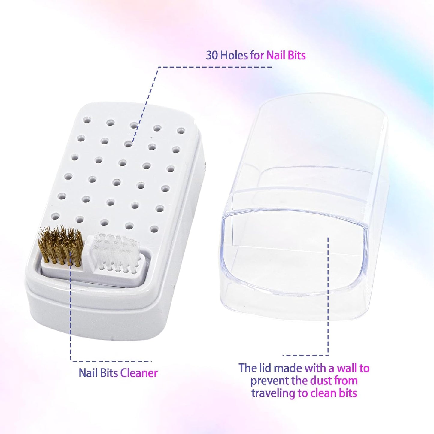2 Pcs 2 In 1 Nail Drill Bit Holder, 30 Holes Case Tech Bits Cleaning Brush Organizer Professional Nail Tools Dustproof Stand Displayer Storage Box (Pink+White)