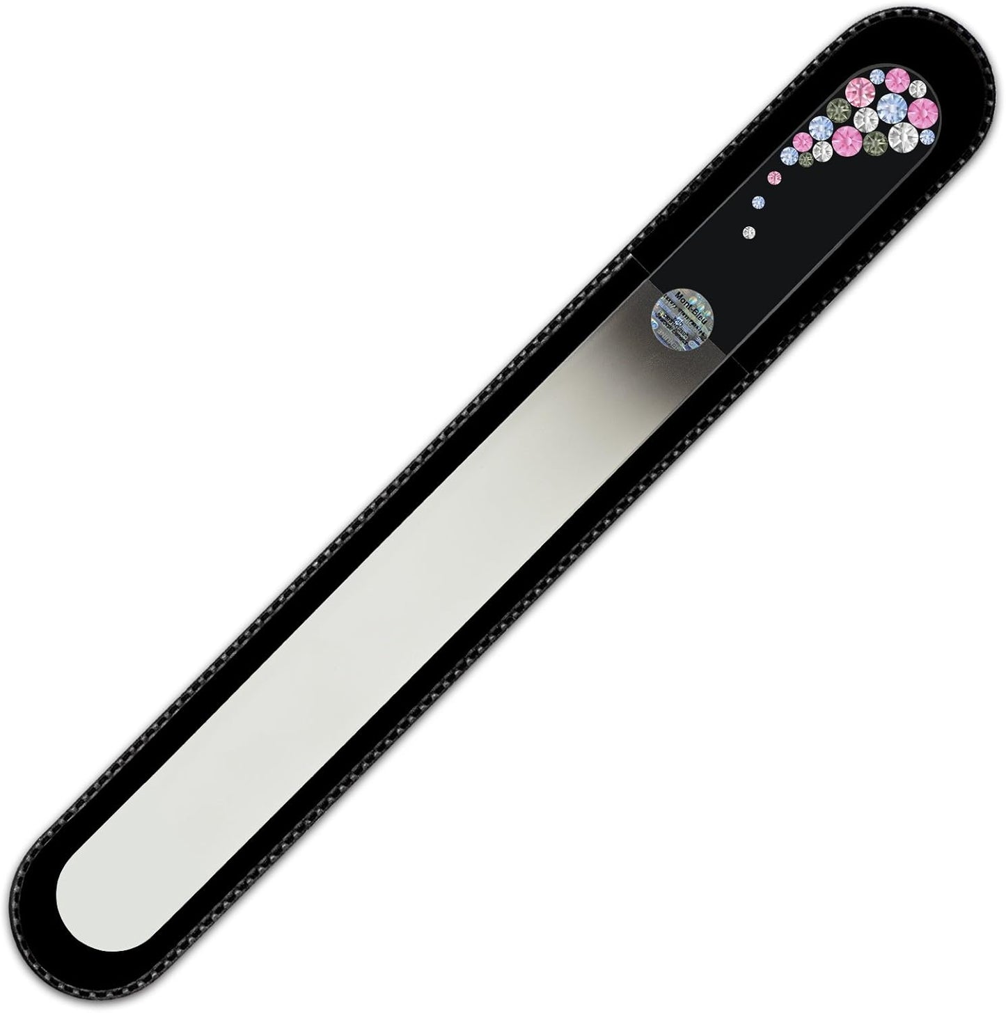 Large Size Glass Nail File Hand Decorated with Swarovski Elements, in Black Velvet Sleeve, Genuine Czech Tempered Glass, Lifetime Guarantee, Hand-Made Crystal Nail File