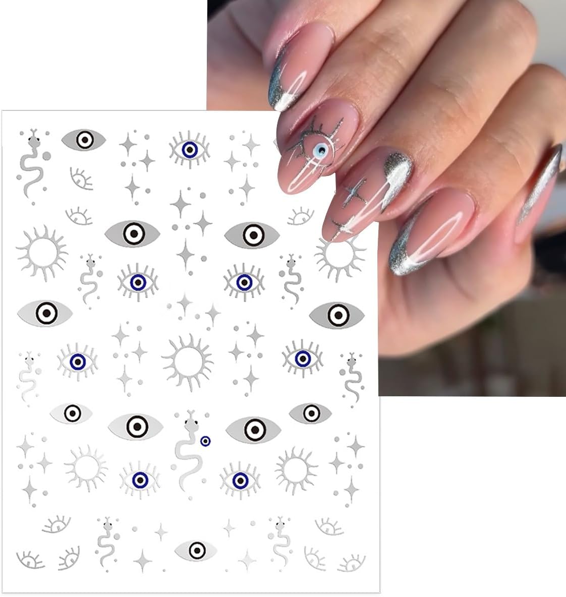 6 Sheets Halloween Eye Nail Art Stickers 3D Self Adhesive Gold Silver Nail Stickers Gothic Eye Nail Decals Star Sun Nail Art Supplies Halloween Holiday Nails Supply for Women DIY Manicure Kit