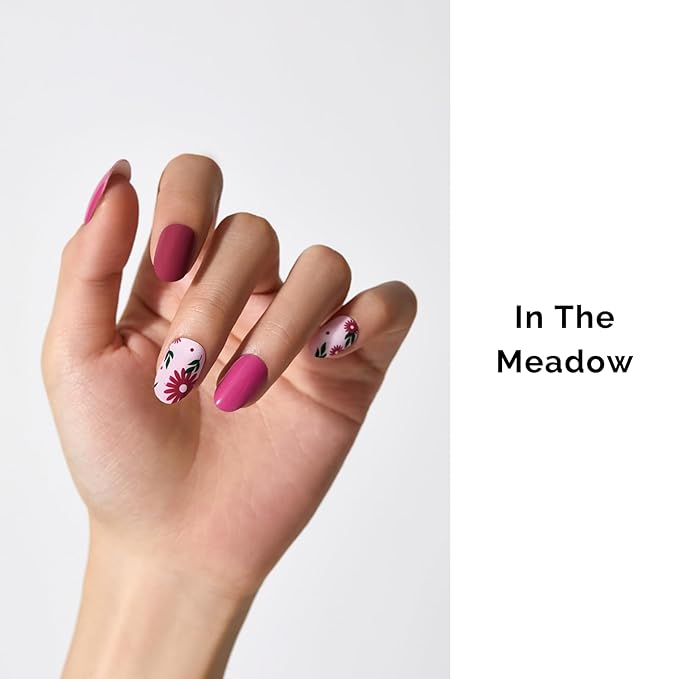Semi Cured Gel Nail Strips - NAILOG 34 Pcs Floral Nail Stickers Long Wraps with Glossy Gel Finishing for Autumn, in The Meadow