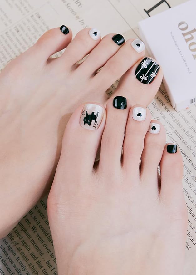 ohora Semi Cured Gel Pedi Strips (P Jumping Cat) - Black, Works with Any UV/LED Lamps, Salon-Quality, Long Lasting, Easy to Apply & Remove - Includes 2 Prep Pads, Nail File & Wooden Stick
