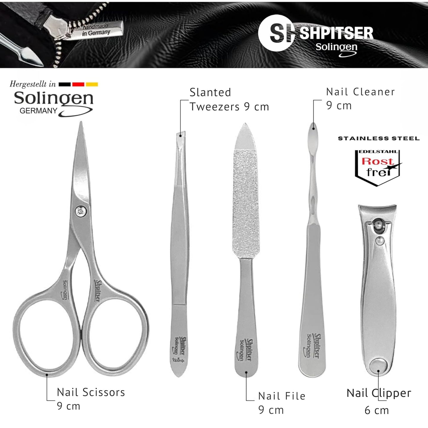 Shpitser Nail Kit, Manicure and Pedicure Women Set of 5 tools: Scissors, Clipper, Tweezers, Nail Cleaner, Nail File, Made in Solingen, Germany, Sturdy Stainless Steel, In Italian Leather Case