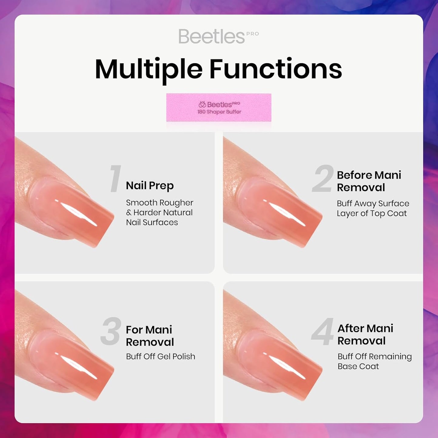Beetles Nail Buffer Sanding Block 50 Pcs 180 Grit Polisher Buffing File 4 Sides Nail Files Pink Art Pedicure Manicure File for Acrylic Nails and Natural Nails