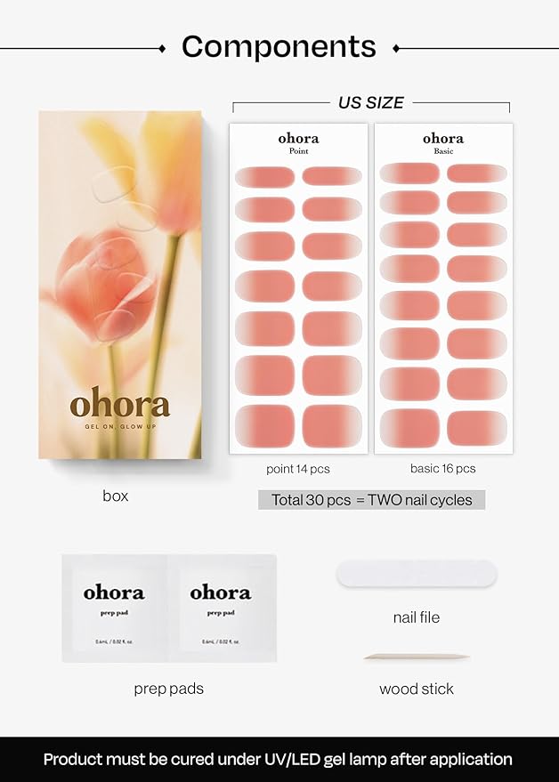 ohora Semi Cured Gel Nail Strips (N Apricot Sorbet) - Peach, Matte, Works with Any UV/LED Lamps, Salon-Quality, Long Lasting, Easy to Apply & Remove - Includes 2 Prep Pads, Nail File & Wooden Stick