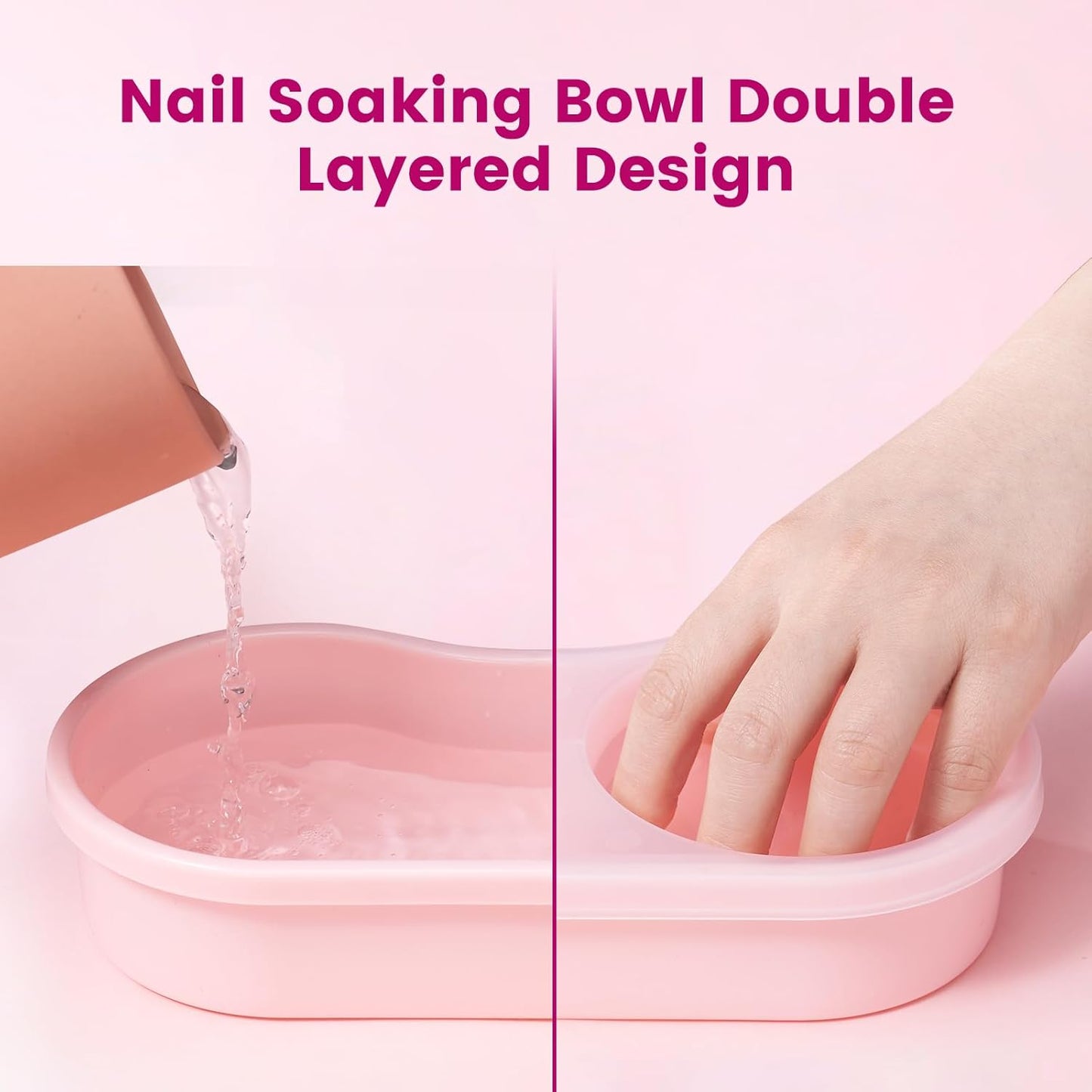 Quaferen Dual Nail Soaking Bowl: 3nd Generation 2-in-1 Manicure Bowl Acetone Proof for Women, Time-Saving Soak Off Gel Nail Polish Dip Powder Acrylic Removal Kit for Salon Home (Normal Size, Pink)