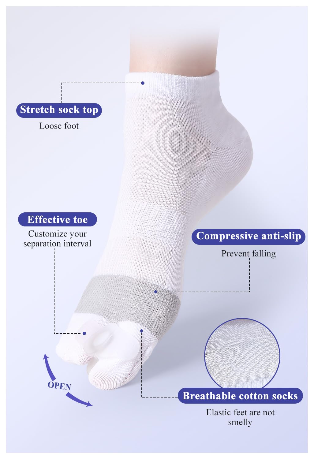 Happy Feet Alignment Socks, Adjustable Yoga Toe Separators For Men Women, Wearable On The Go, White S
