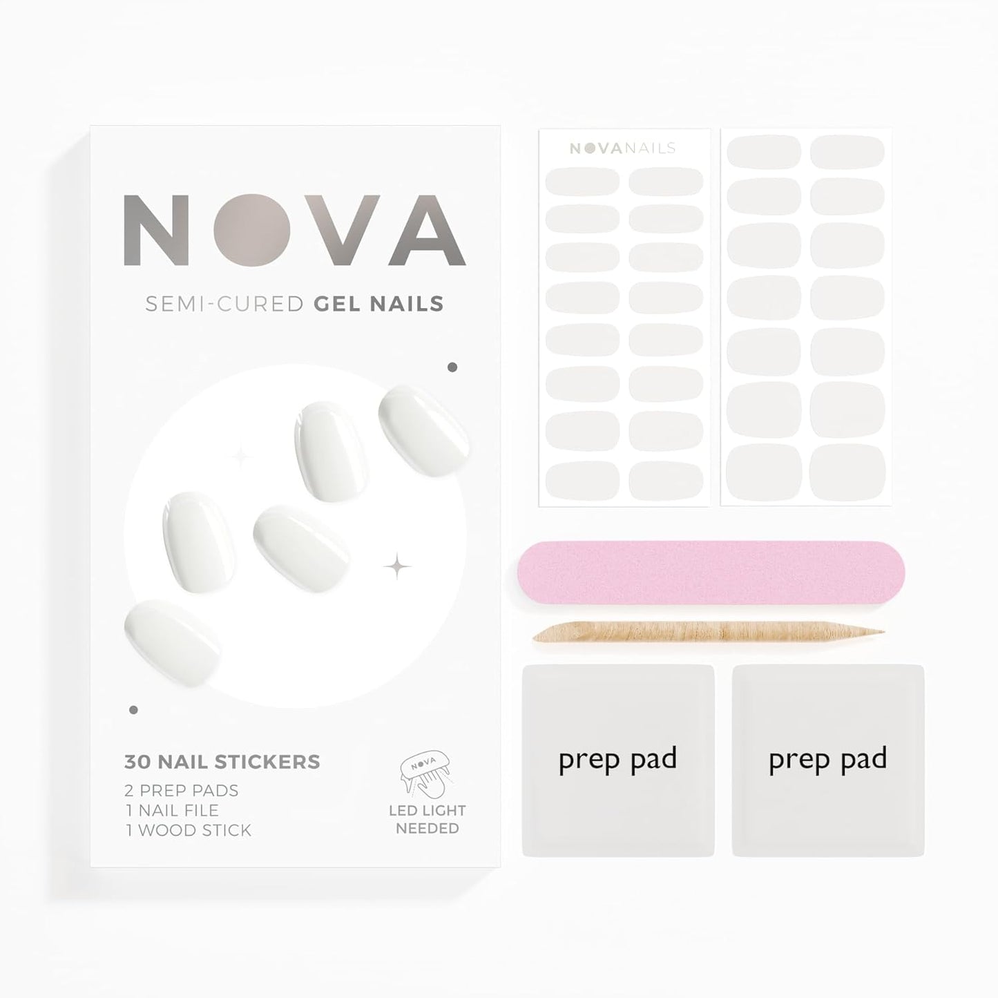 NOVA, Semi Cured Gel Nail Strips (Cloud 9) - The 10 Minute Manicure. Salon-Quality, Female Founded, Works with Any Lamp, Easy to Apply & Remove - Incl. File & Wooden Stick