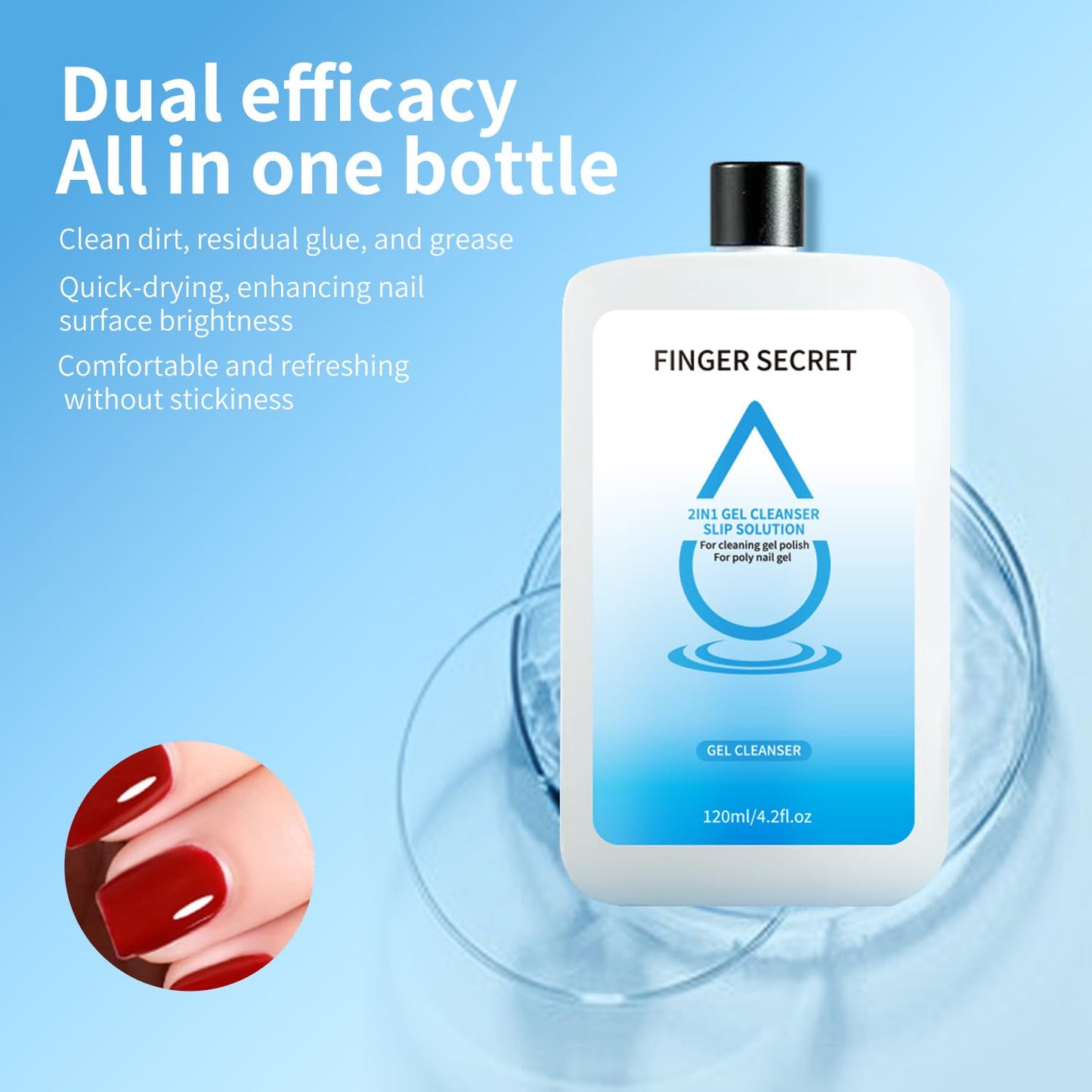 2in1 Slip Solution For Poly Nail Gel - 120ml Professional Gel Cleaner Keep Your Nails Clean and Tidy Ideal for Nail Art Design in Home or Salon