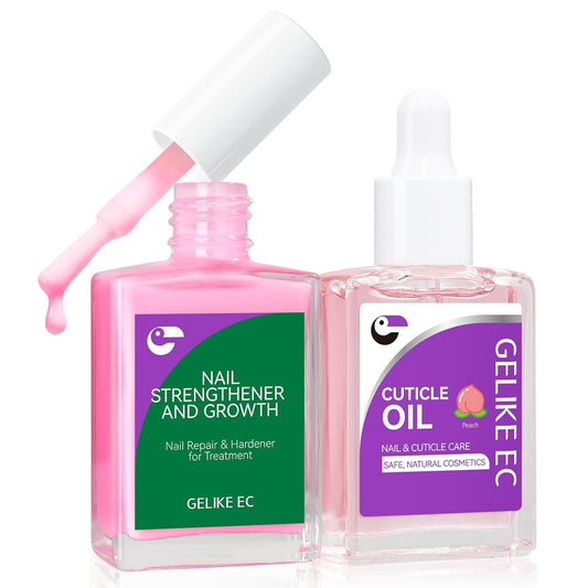 Gelike EC Nail Care Gift Set: Pink Fingernail Strengthener & Peach Cuticle Oil 15ml - Cute & Fruity Manicure Set for Thin Peeling Nails - Women Mom Girlfriend Teens Girls Favorite