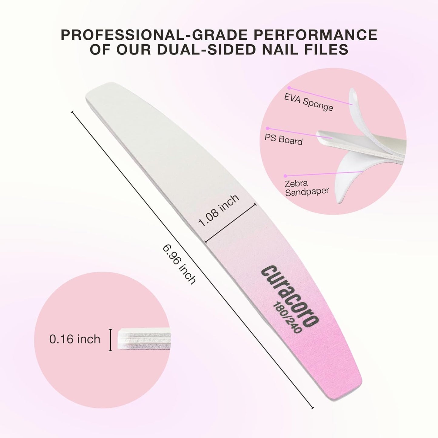 Curacoro 10 PCS Nail File - Professional Half-Moon Nail Files Double Sided Emery Board (180/240 Grit), Washable Nail Files and Buffers, Smooths & Shapes Nails, Manicure & Pedicure Buffing Tools