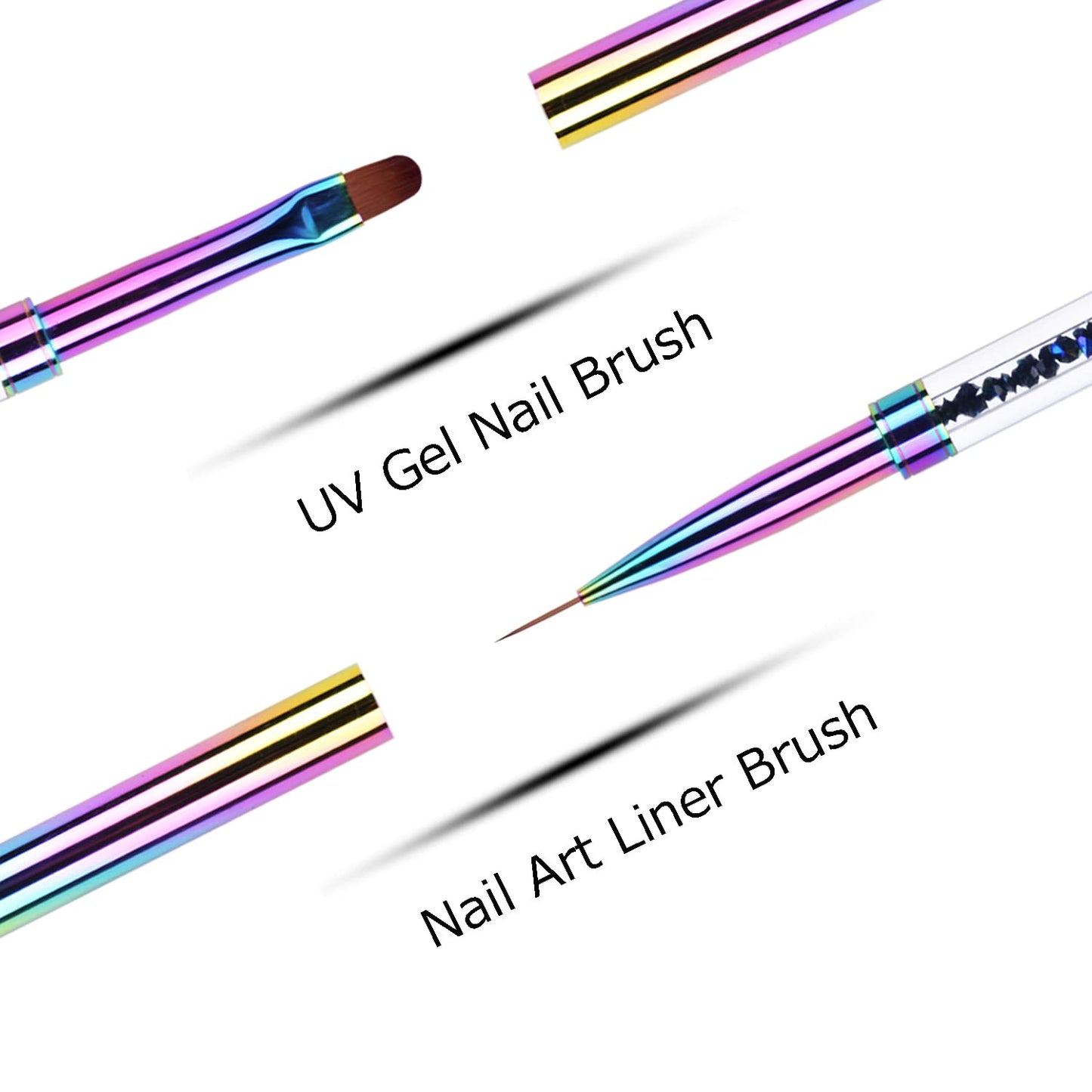 2Pcs Dual-ended Nail Design Brushes Rhinestone Handle UV Gel Nail Brush Set Professional Nail Art Tools Rainbow