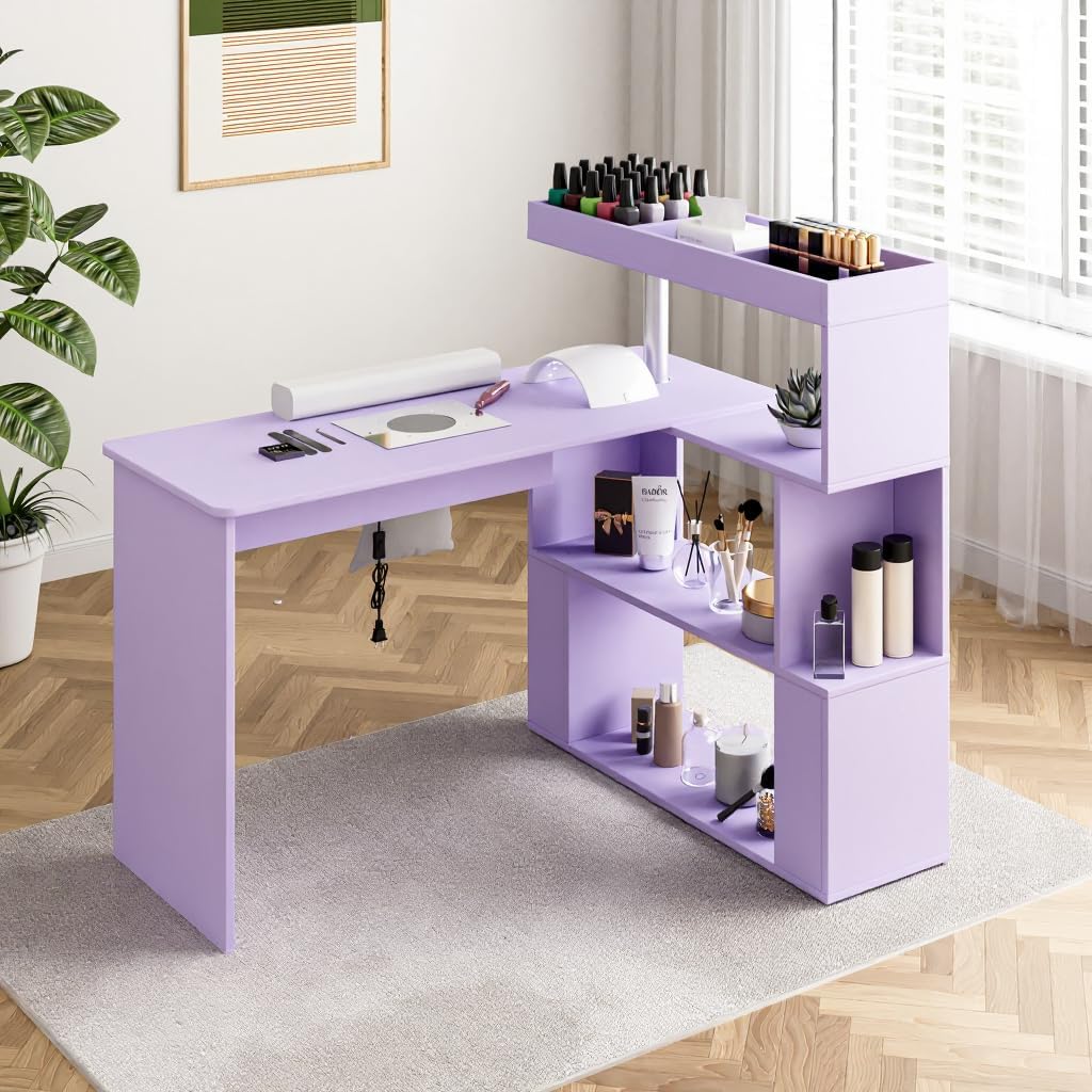 Manicure Table, L-Shaped Nail Tech Desk with Dust Collector, Reversible Rotating Table & Storage Shelf, Acetone Resistant Beauty Salon Station, Purple