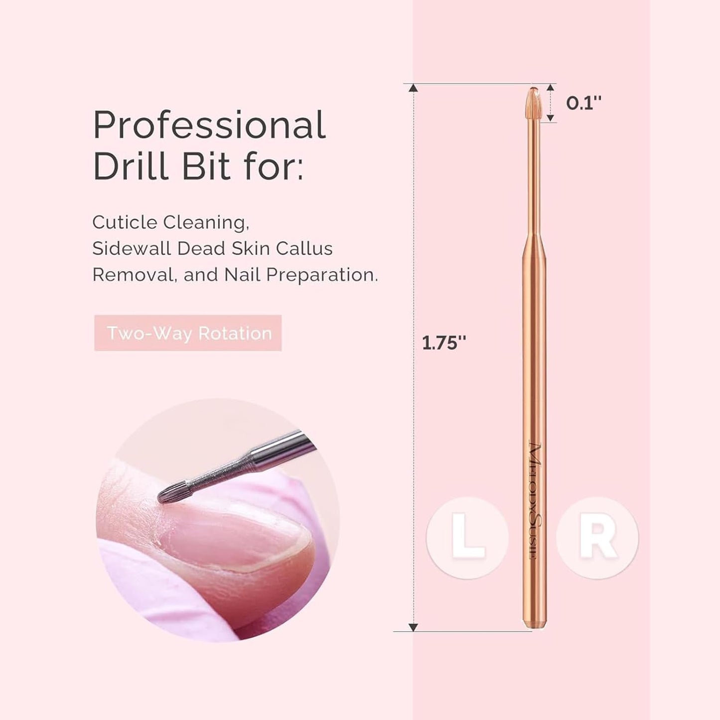 MelodySusie Cuticle Clean Nail Drill Bit 3/32'', Professional Safety Carbide Under Nail Cleaner Nail Bit for Cuticle Dead Skin Nail Prepare, Two Way Rotate, Nail Salon Supply(Rose Gold, Medium)