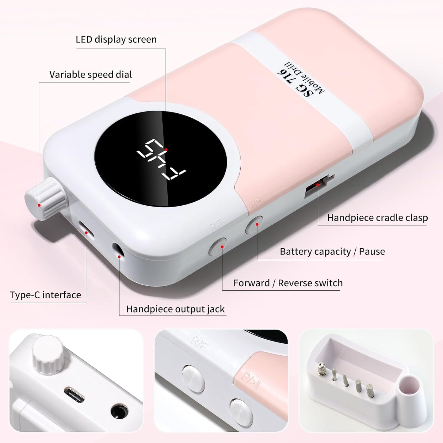 LIMEGIRL Professional Electric Nail Drill Kit 45000RPM Portable Cordless Toenail Cordless Toenail Machine with 14 Drill Bits and Base for Women (Pink)