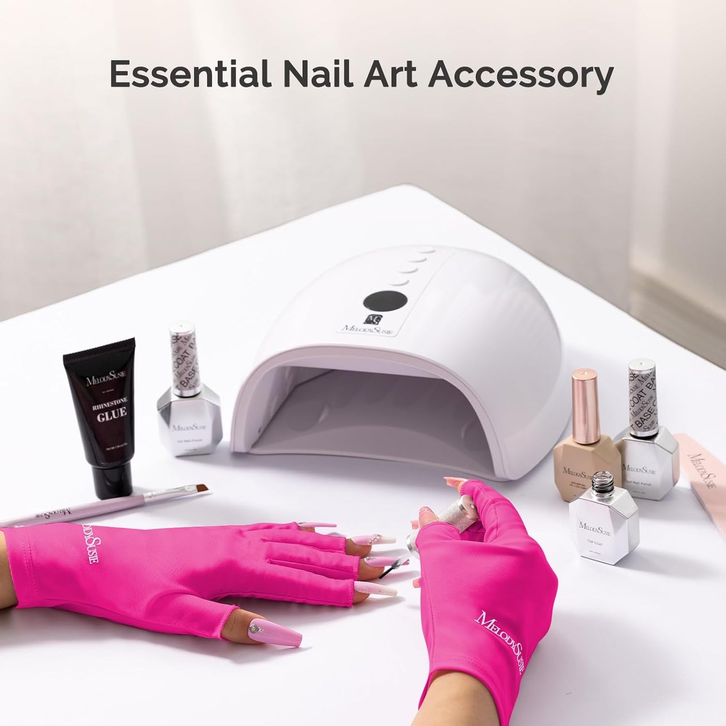MelodySusie Premium UV Protection Gloves for Manicures, Cool Feeling Fabric,Professional UPF50+, UV Nail Gloves for Gel Nail Lamp, Anti UV Light, Skin Care Fingerless Design, Neon Pink