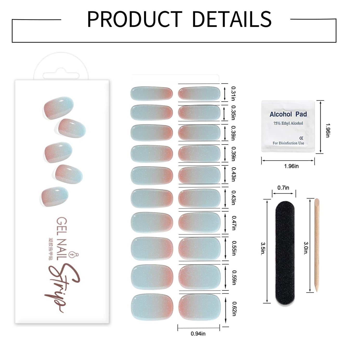 WOKOTO 1 Sheet Semi Cured Gel Nail Strips With Wood Stick, Nail File & Prepared Pads, 20 Tips Shimmery Ice Blue Ombre Semi Cured Nail Polish Strips Stickers, Harden With UV Light Gel Nail Stickers