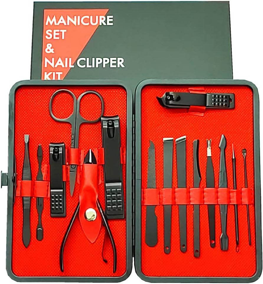 Manicure Set, Professional Nail Clippers Kit, Pedicure Care Tools,Manicure Set for Men and Women-Premium Stainless Steel with Black Leather Travel Case Set 15PC Great Gift(Black)