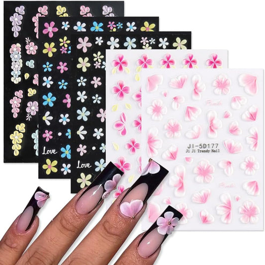 Flower Nail Art Stickers Decals 5 Sheets Pink White Colorful Summer Floral Leaf Blossom 5D Embossed Nail Decals Self-Adhesive Nails Supply Manicure Sliders for Women Girls DIY Nail Art Decorations