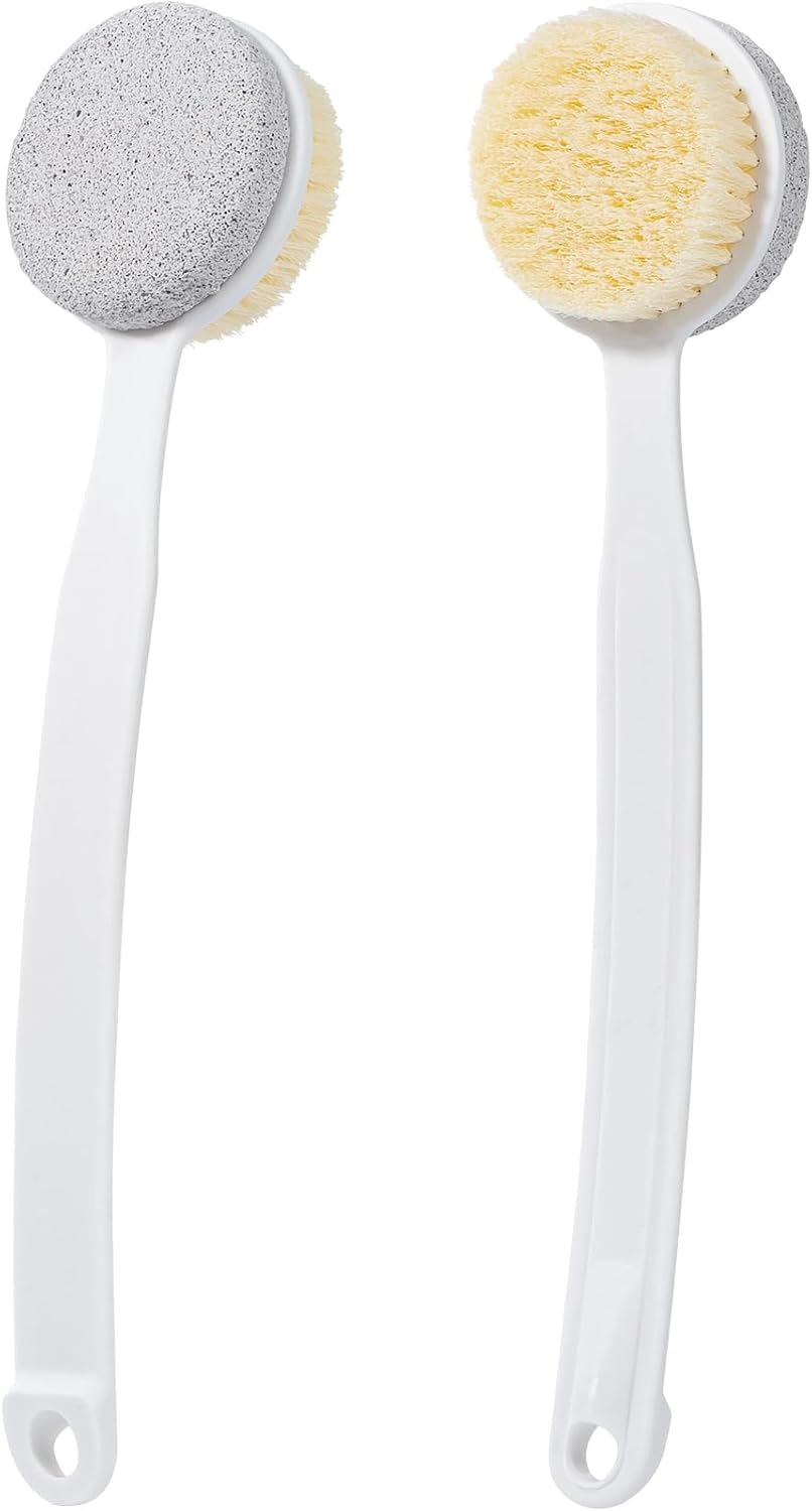 Pumice Stone and Shower Brush with Long Handle, 2 Pack Hard Skin Callus Remover, 2 in 1 Foot Scrubber, Back Scrubber for Shower Deep Cleansing and Exfoliating, Dry Brushing Body Brush (Curved)