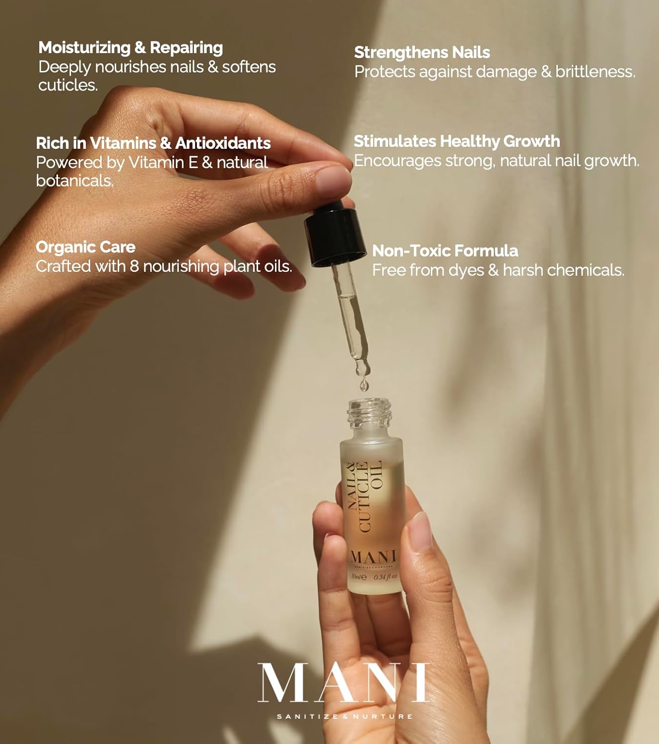 Mani Nail and Cuticle Oil - Nail Growth Oil Enriched with Almond, Macadamia, Hemp, and Jojoba - Cuticle Care Protects and Strengthens - 0.34 oz