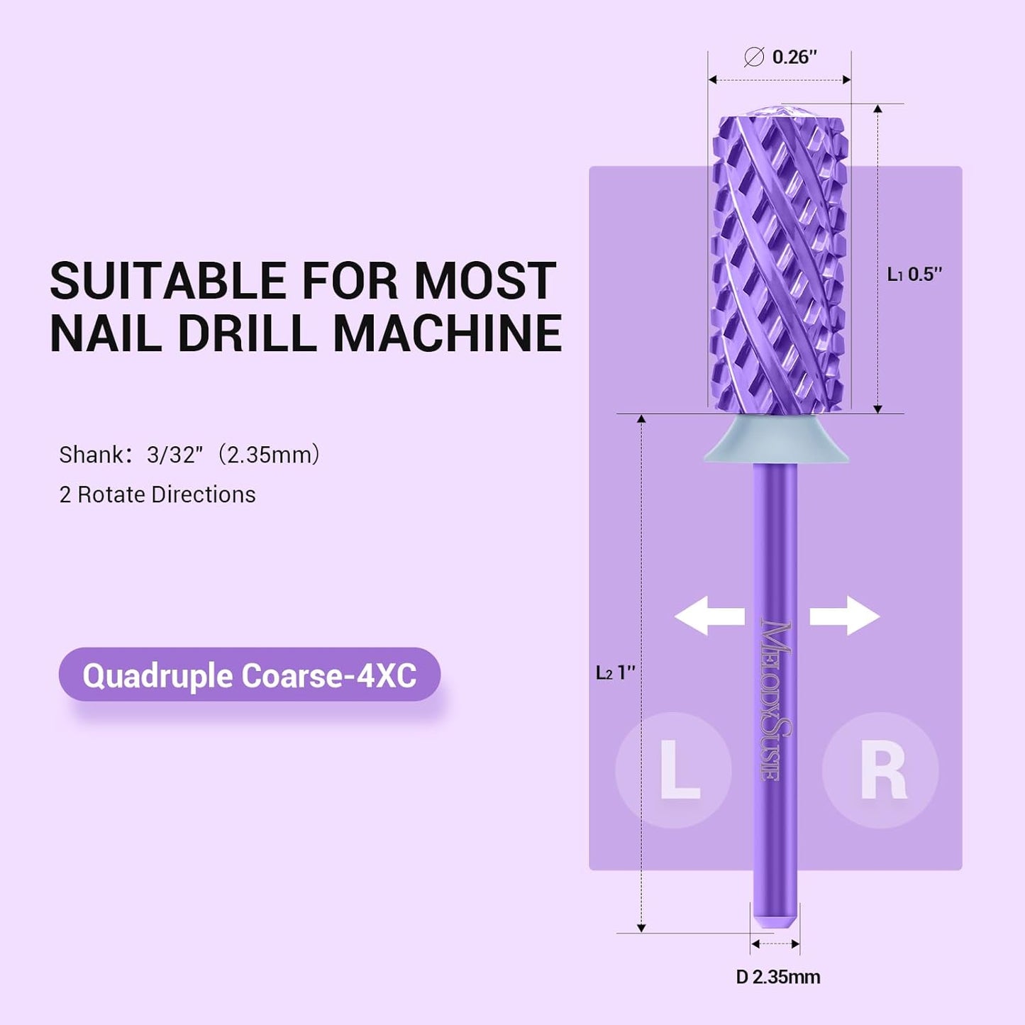 MelodySusie Large Barrel 3/32'' Tungsten Carbide Nail Drill Bit, Crystal Top Purple Heart Shape, Fast Remove Acrylic Gel, Cuticle Gel Polishing for Manicure Pedicure, Purple, Series Bit-S, 4XC