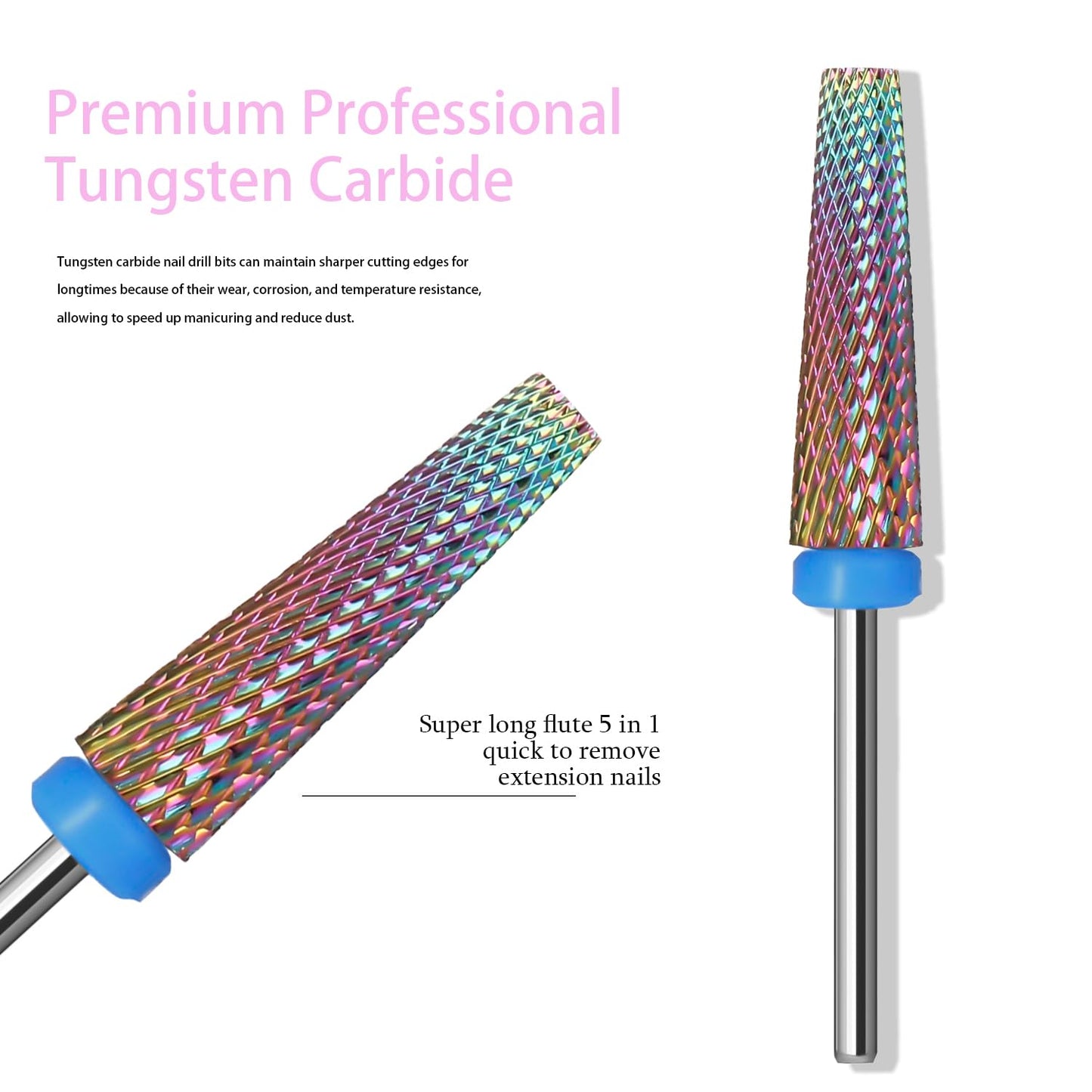 Super Long 5 in 1 Nail Drill Bits, Professional 3/32'' Carbide Tungsten Two Way Rotary Nail Cleaner Nail Bits, Suitable for Manicure Pedicure Cuticle Gel Polishing Acrylic Nails(Rainbow, Medium-M)