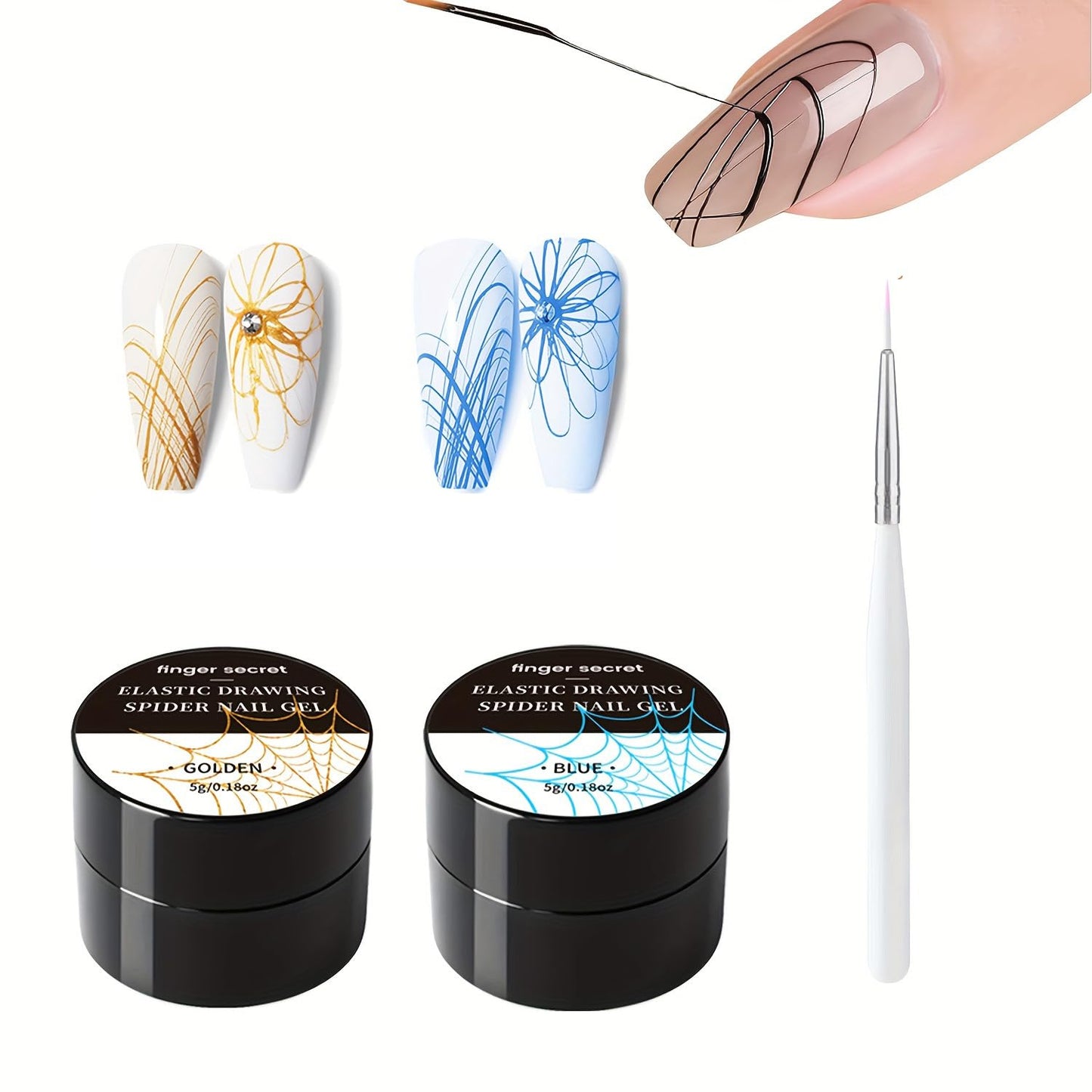 5g/0.18oz Spider Gel Kit for Nails, Spider Design for Art Wire Drawing Nail Gel for Line with Brushes for Nail Art (Gold Blue)