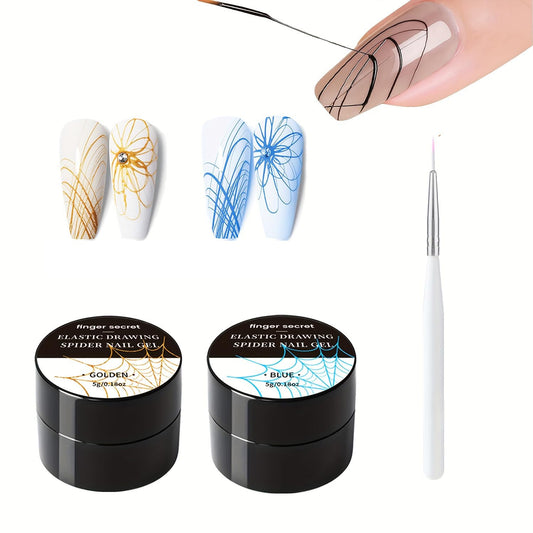 5g/0.18oz Spider Gel Kit for Nails, Spider Design for Art Wire Drawing Nail Gel for Line with Brushes for Nail Art (Gold Blue)