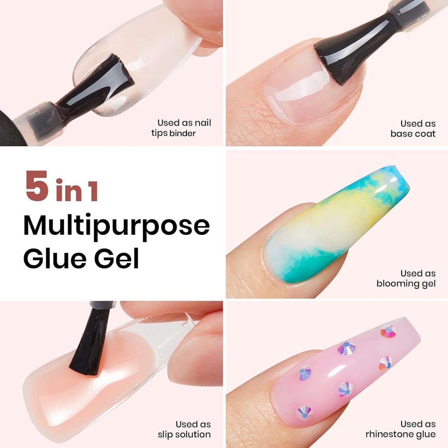 beetles Gel Polish 2 Pcs 15ml Nail Glue Kit for Acrylic Nails, 5 in 1 Super Strong Brush in Nail Gel Glue for False Nails Tips and Gel Nail Polish Led Lamp Required Nail Art Gift