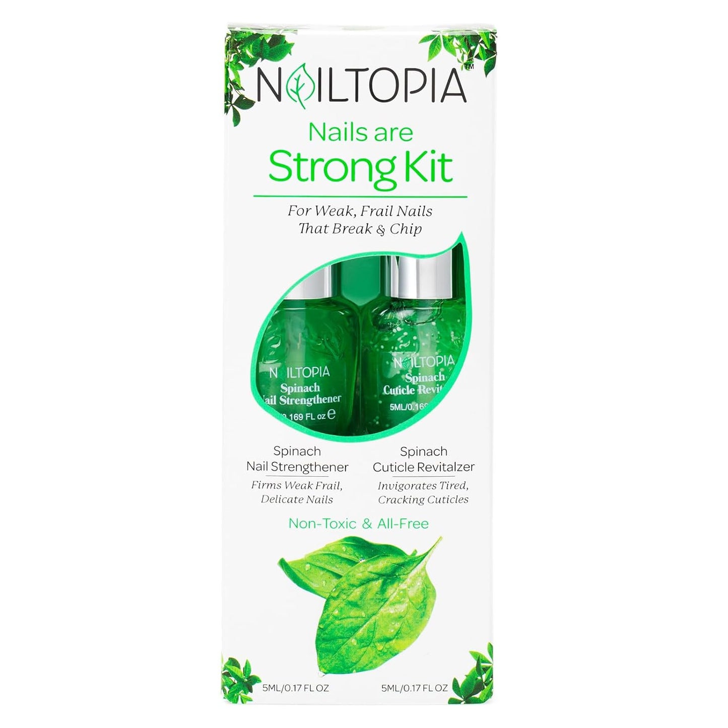 Nailtopia Nails Are Strong Kit - Spinach Nail Strengthener, Spinach Cuticle Revitalizer - Revitalizing Nail Strengthener Set for Dry, Thin Nails - Vitamin Infused, Bio Sourced, and Vegan - 2 pc