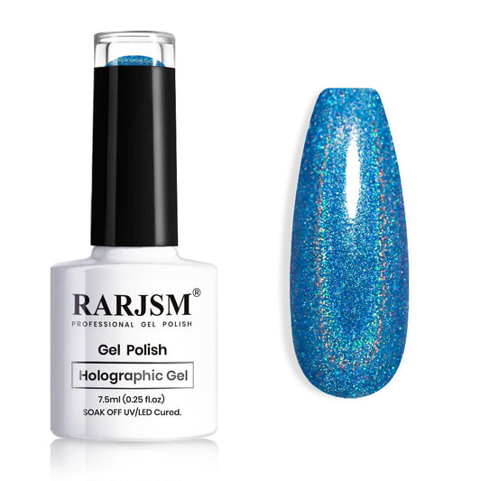 RARJSM Holographic Gel Nail Polish Blue Rainbow Glitter Reflective Iridescent Gel Polish Curing Required Unicorn Mirror Chrome Laser Effect Soak off for Summer DIY Salon Home Manicure 7.5ML