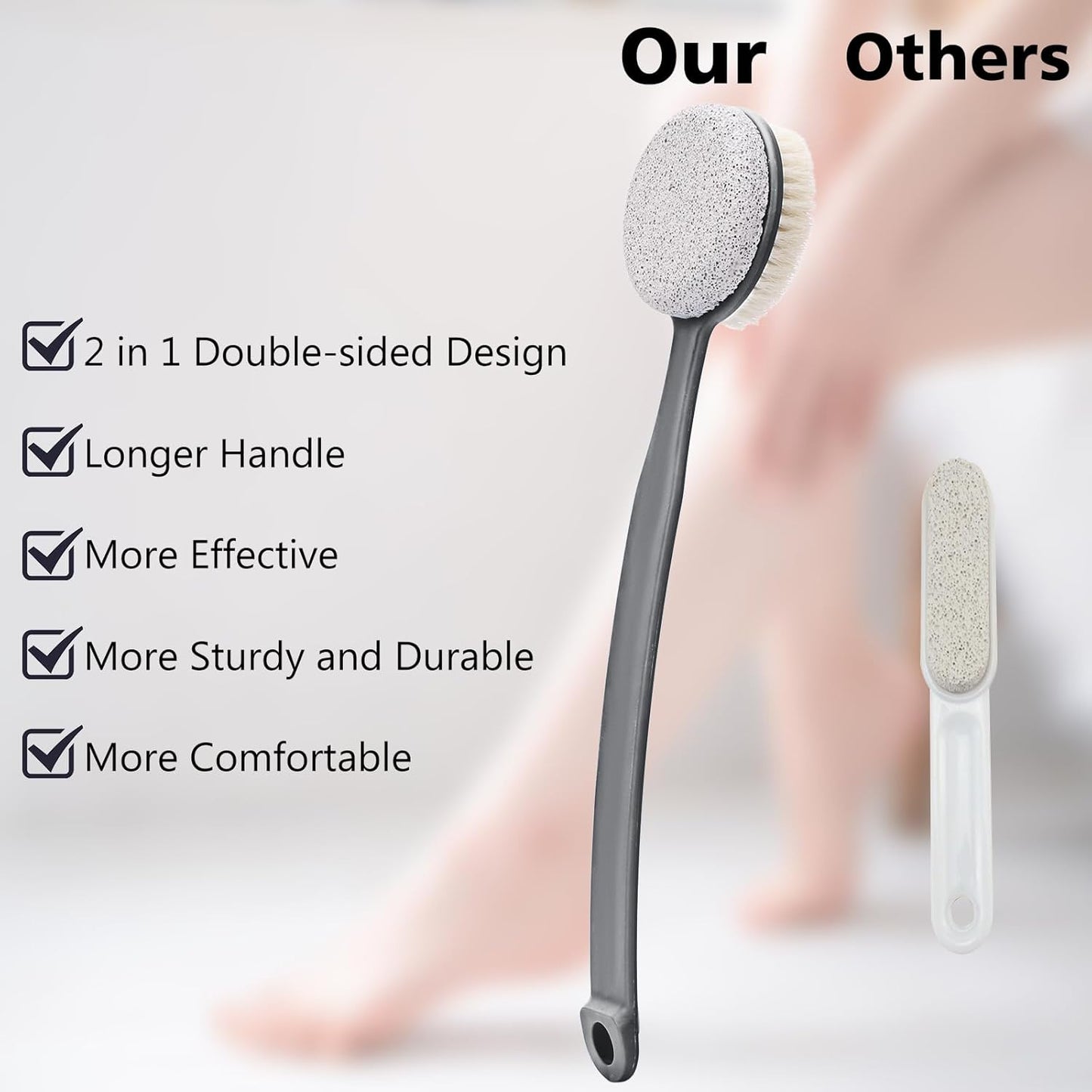 Foot File Callus Remover,Beomeen Pumice Stone for Feet with Long Handle, Hard Skin Callus Remover, 2 in 1 Foot Scrubber, Back Body Brush for Shower Brush Deep Cleansing and Exfoliating (Curved),Grey