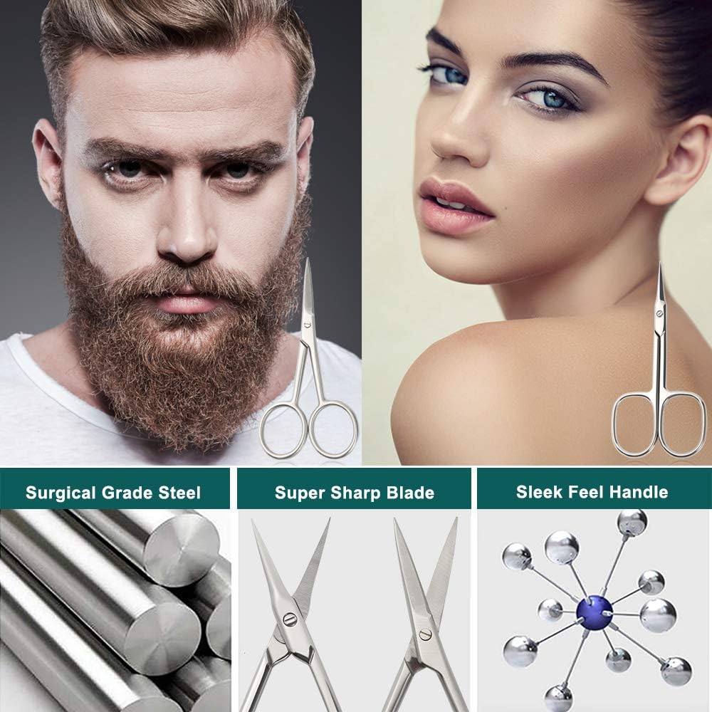 BEZOX Small Scissors 2 PCS Set - Nail Cuticle Scissors/Manicure Scissors Kit - Straight and Curved Blade Beauty Scissor for Beard/Mustache, Nose Hair, Ear Hair, Eyelashes and Eyebrow Trimming