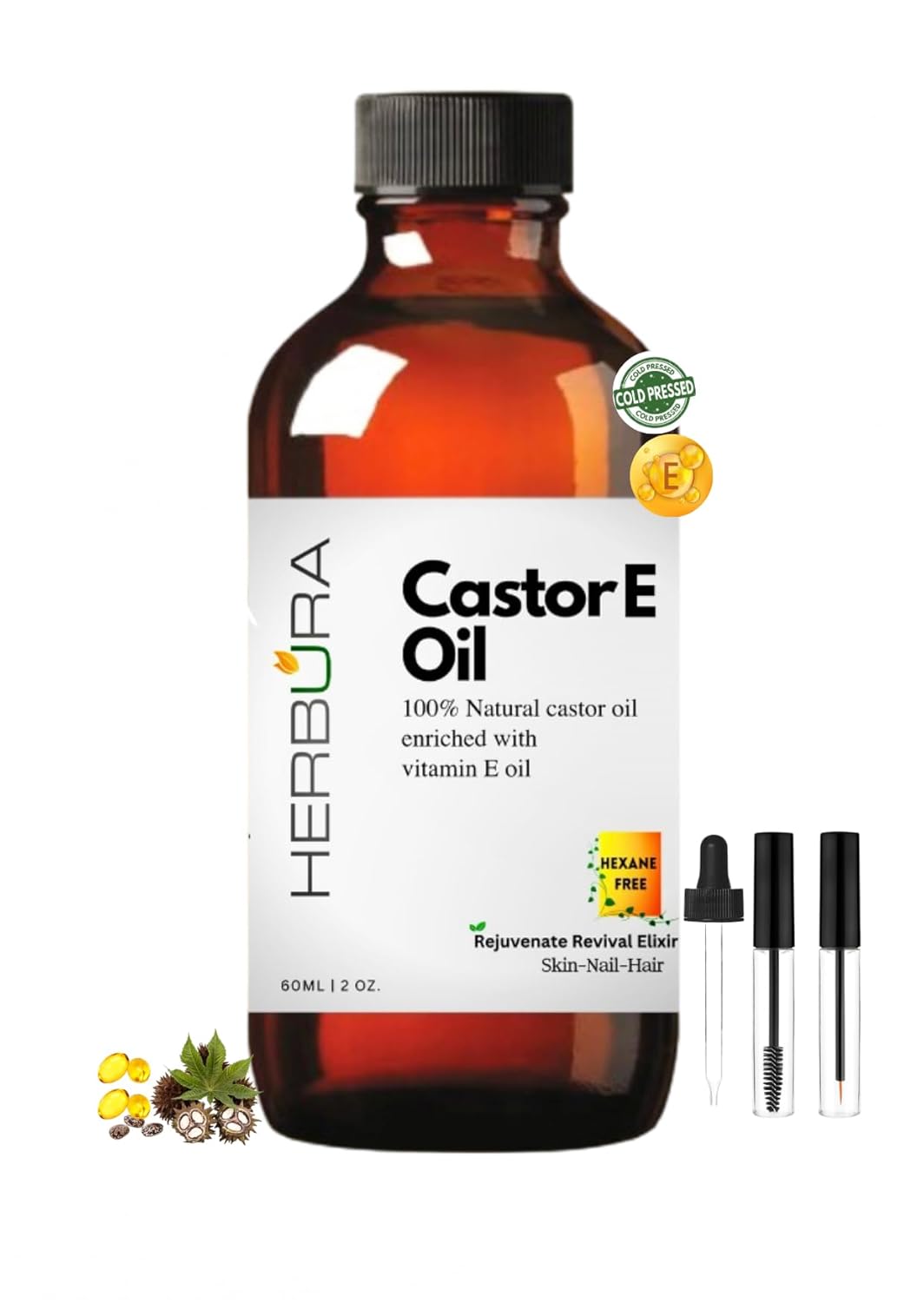 Natural Ricinoleic Acid | 100% Natural Cold Pressed Castor Oil Enriched with Vitamin E Oil for nourishing Hair-Nail-Skin, dropper and brushes included, 3 pieces