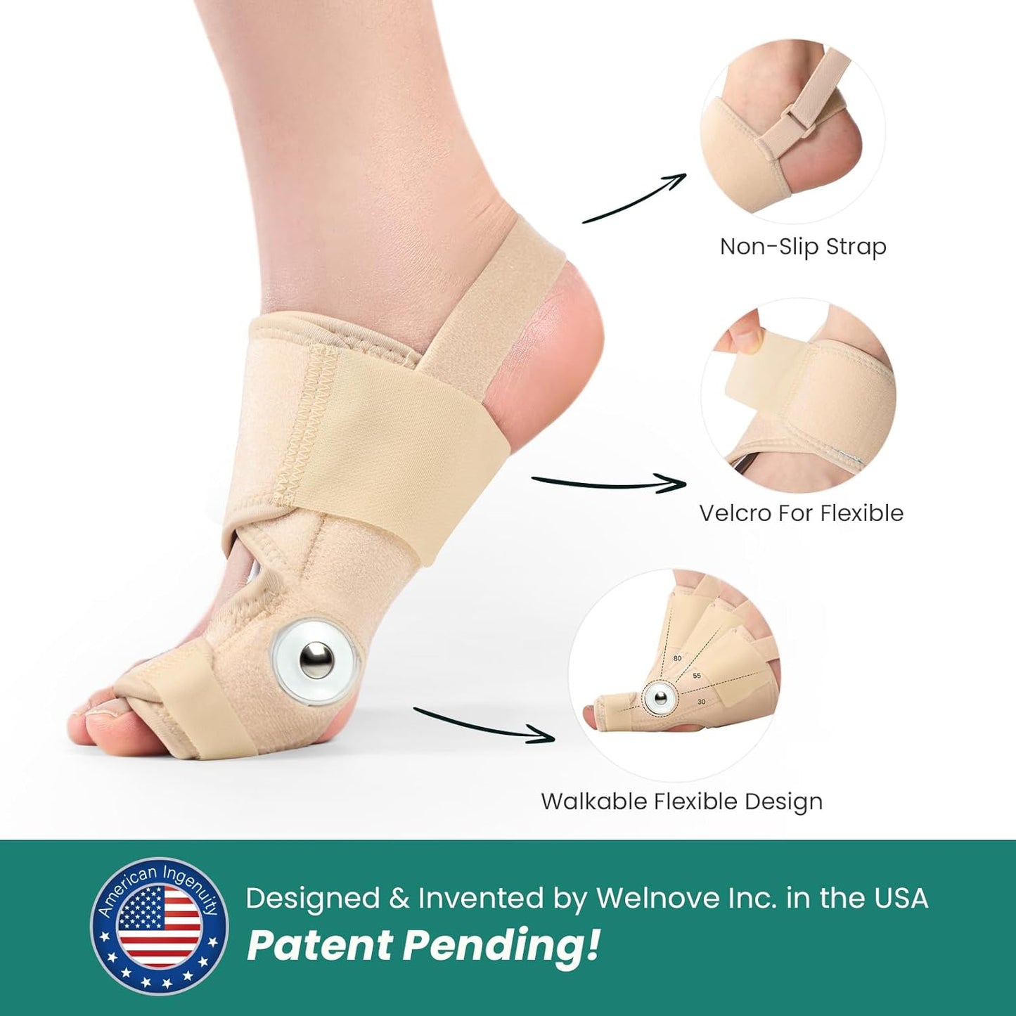 Welnove Bunion Corrector - Orthopedic Bunion Splint - Big Toe Separator Pain Relief - Bunion Correction Toe Straightener with Non-slip Strap, Day Night Support (Beige, 2 Count) - With 2 Gel Separators