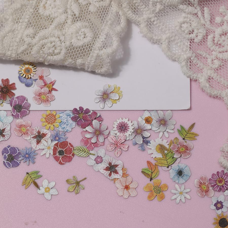 600Pcs 3D Flower Nail Art Charms Sequins Decals Colorful Mixed Flowers Leaves Design Slice Nail Flowers Ultra Wood Pulp Flakes Sequins