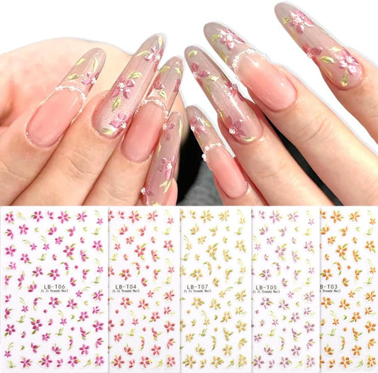 5 Sheets Bronzing Flower Nail Art Stickers Decals, Metallic Floral Leaf Plant 5D Embossed Nail Decals Self-Adhesive Nail Supplies Nail Art Design Decoration Accessories for Women and Girls