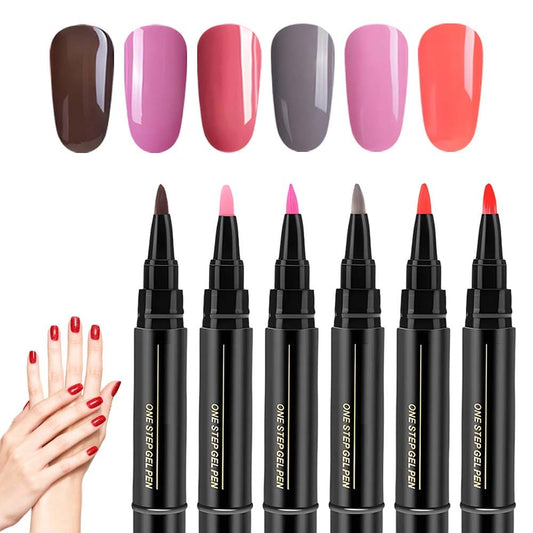 6 Colors Nail Art Pens Set, 3 in 1 Nail Polish Pens Quick Dry, One Step Nail polish Gel Pen, Salon Quality Nail Art Pen for Women (B)