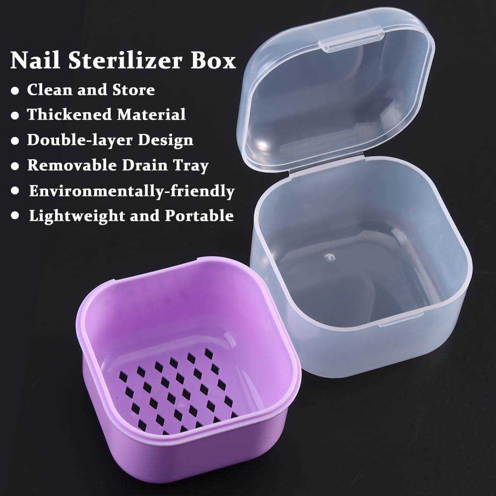 Nail Tool Sterilizer Box Plastic Disinfectant Container for Nail Art Accessories Tools, Portable Nail Drill Bits Sterilization Tray Soaking Box with Strainer Nail Art Salon Sterilizing Tool