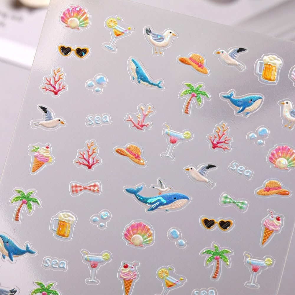 Summer Beach Theme 3D Nail Art Stickers, 2 Sheets, Self-Adhesive Embossed Ocean Designs with Fish, Coral, Seaweed, Palm Trees for Nail Decoration, Vacation Manicure