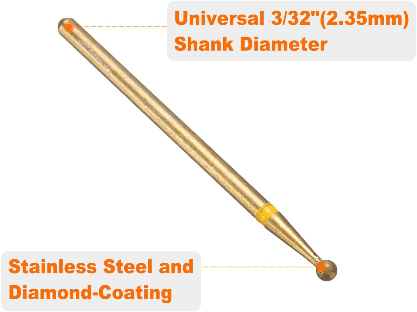 HARFINGTON 6pcs 325-400 Grits Diamond Grinding Bit 2.3mm Ball Head 2.35mm Shank 2.3mm Length Titanium Plated Stone Sanding Drill Bits Rotary Tool for Nails Grinding Polishing