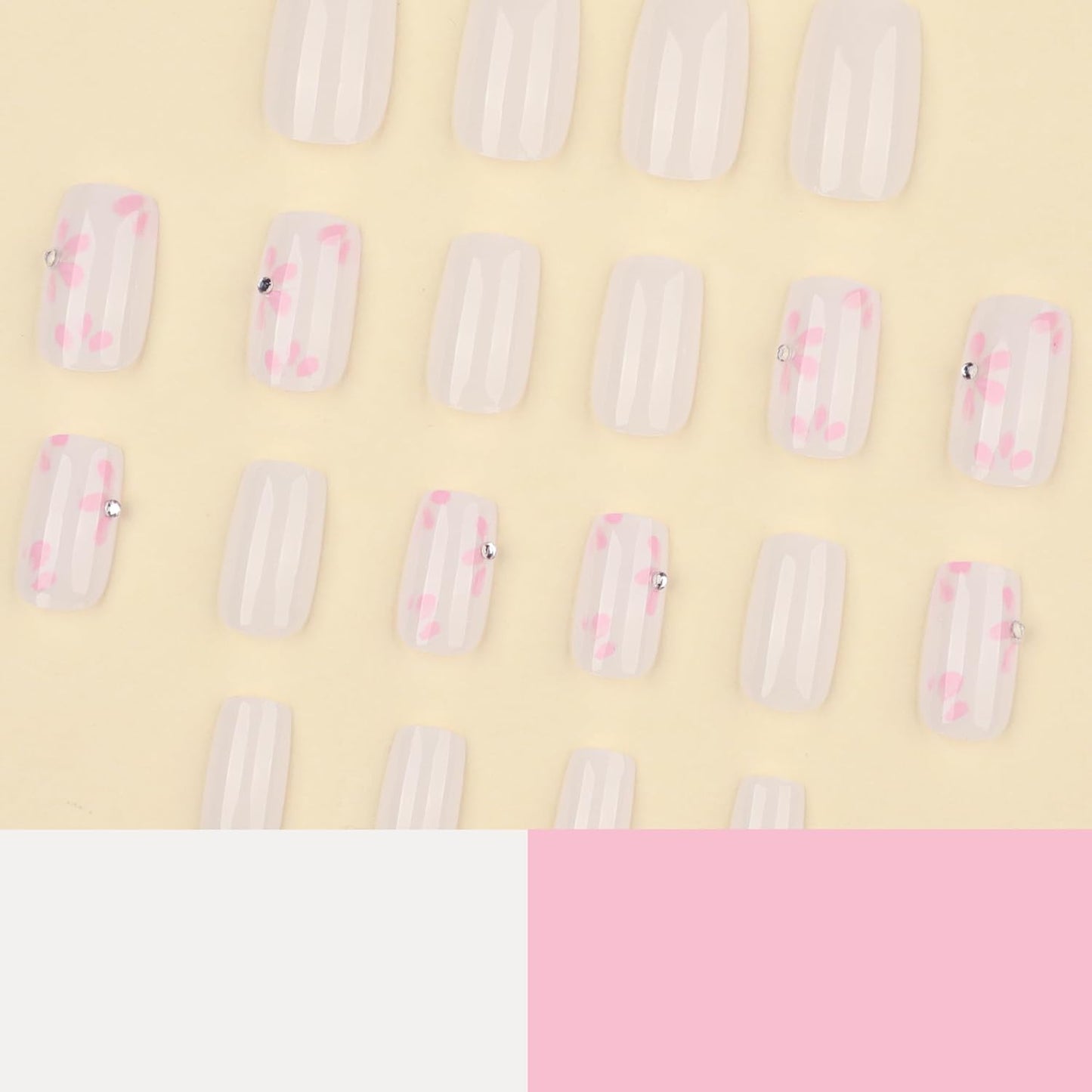 Nude Press On Nails Medium Square, Pink Flower Fake Nails with 3D Floral Design, Glossy Finish Reusable Acrylic Nails, Natural Glue On Nails Kit for Women, 24Pcs