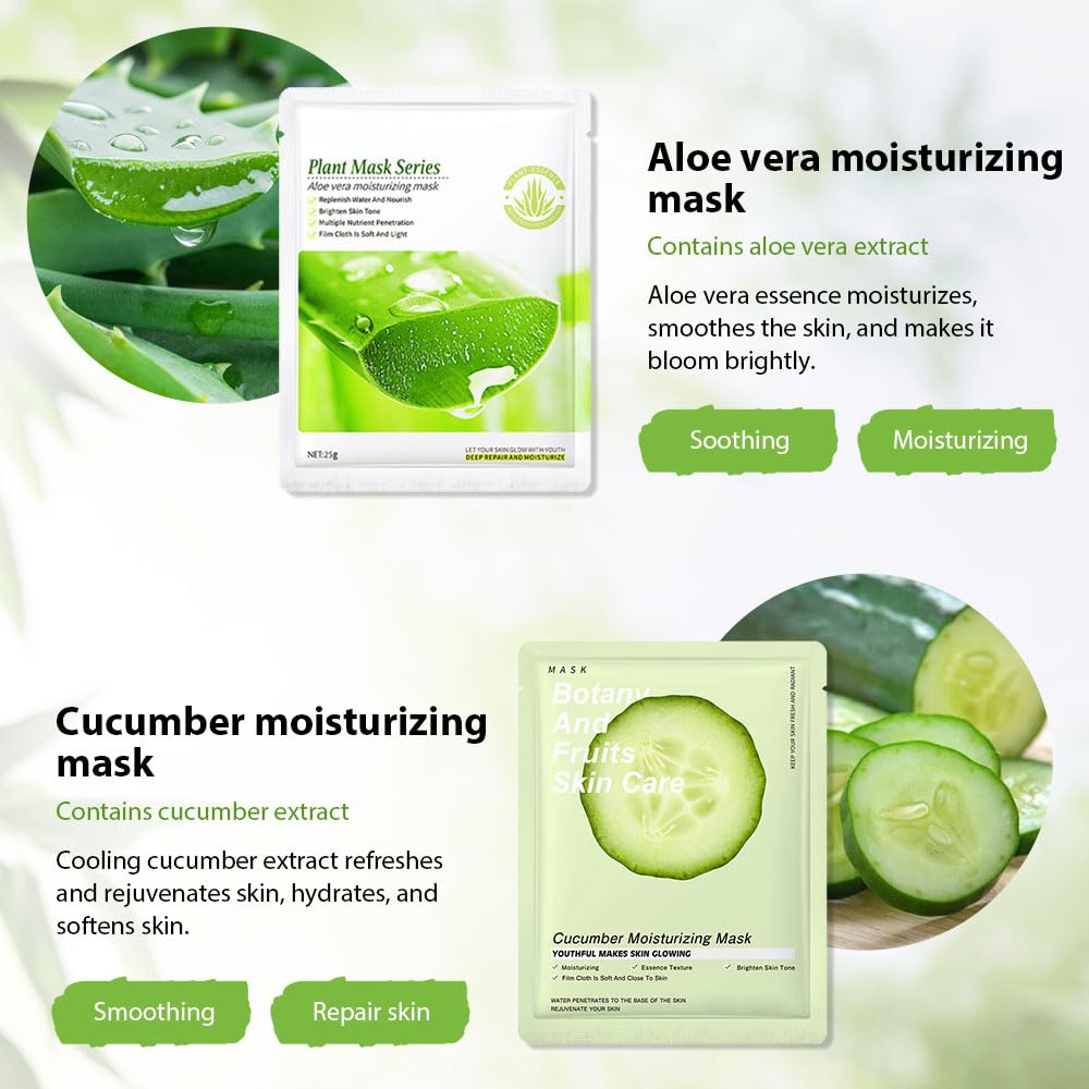 6 PCS Real Hydrating Avocado Honey Pomegranate Aloe Vera Nature Face Masks Skincare, Hyaluronic Acid, Vitamin C and E, Korean Beauty Essence Facial Paper Sheet Mask for Skin Care Moisturizing