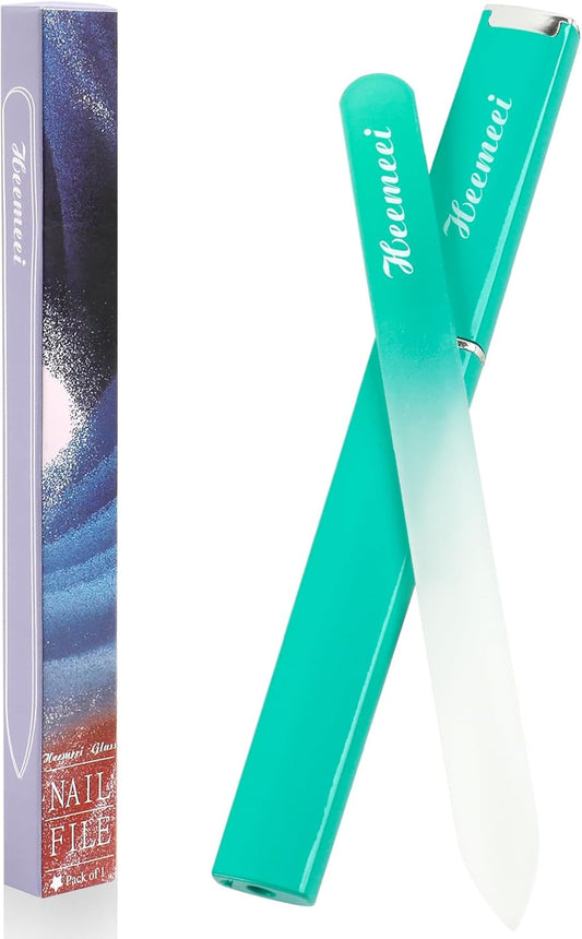 Glass Nail File, Double Sided 180/320 Grit With Case for Natural Nails, Fingernail, Crystal, Pedicure - Green
