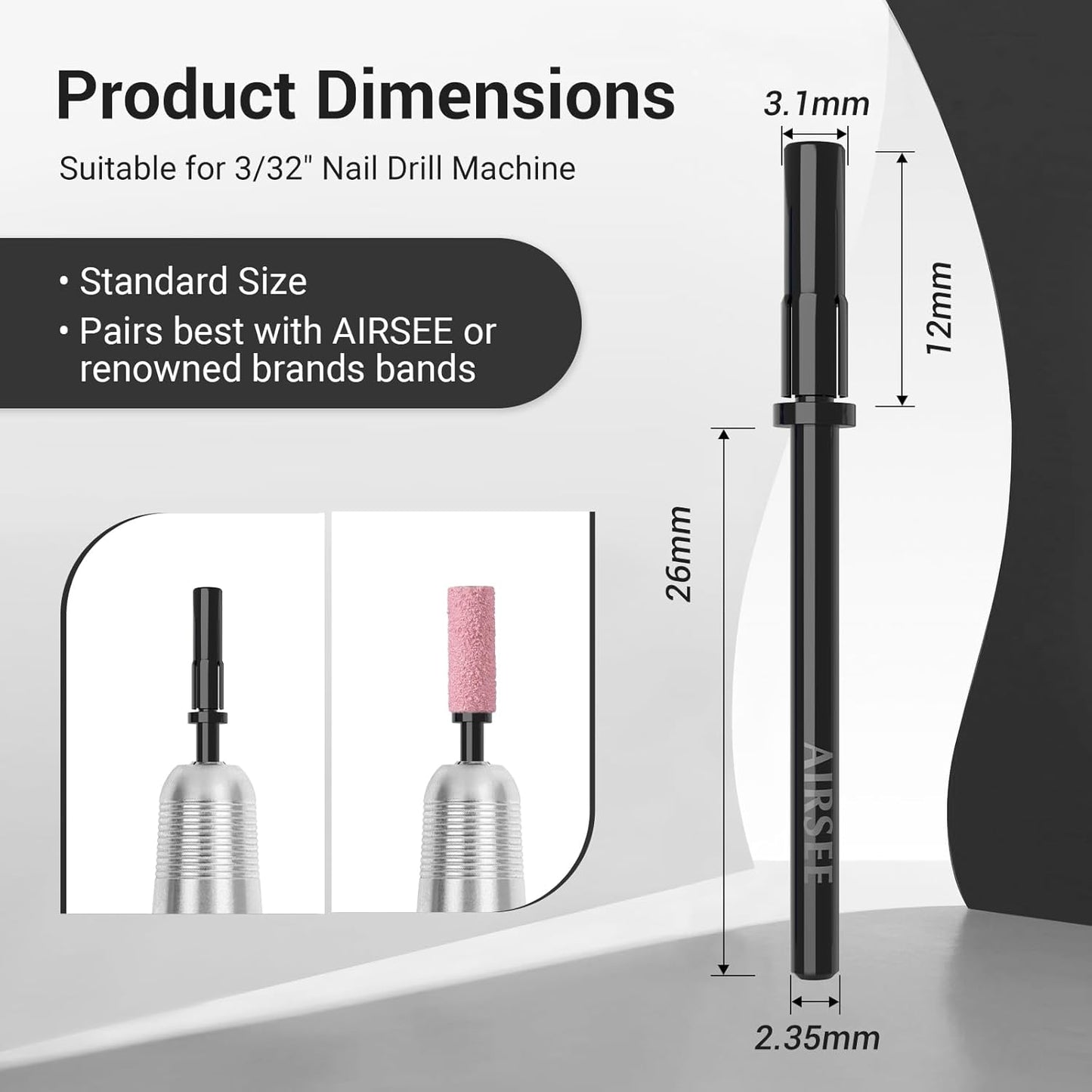 AIRSEE 3.1mm Small Nail Drill Mandrel Bits for Mini Efile Sanding Bands, Stainless Steel Professional Electric Head Clean Remove Cuticle Removing, Acrylic Manicure Sander Safety (Black)