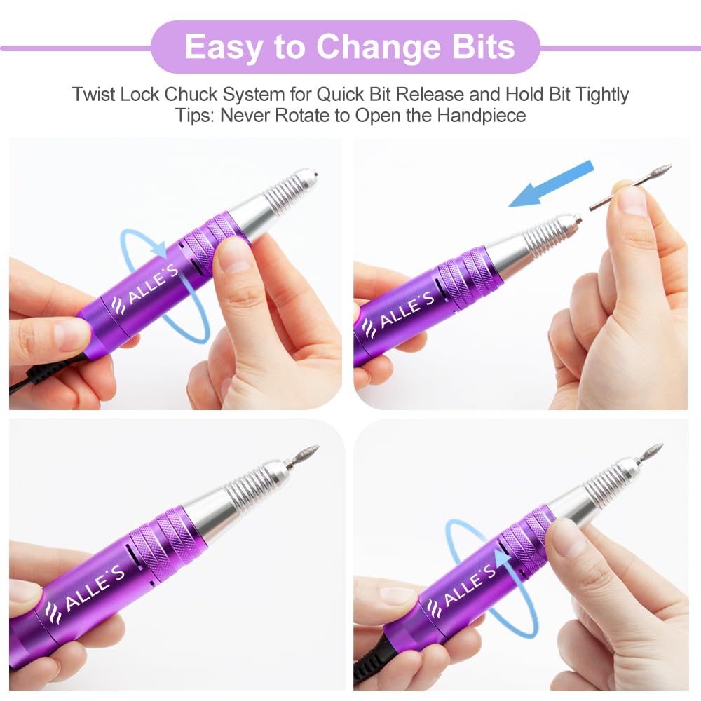30000 RPM Professional Nail Drill Machine Efile Electric Nail Filer Kit for Finger Toe Nails, Acrylic Gel Dip Nails, Manicure Pedicure Drill with 6Pcs Bits and 106Pcs Sanding Bands, Purple